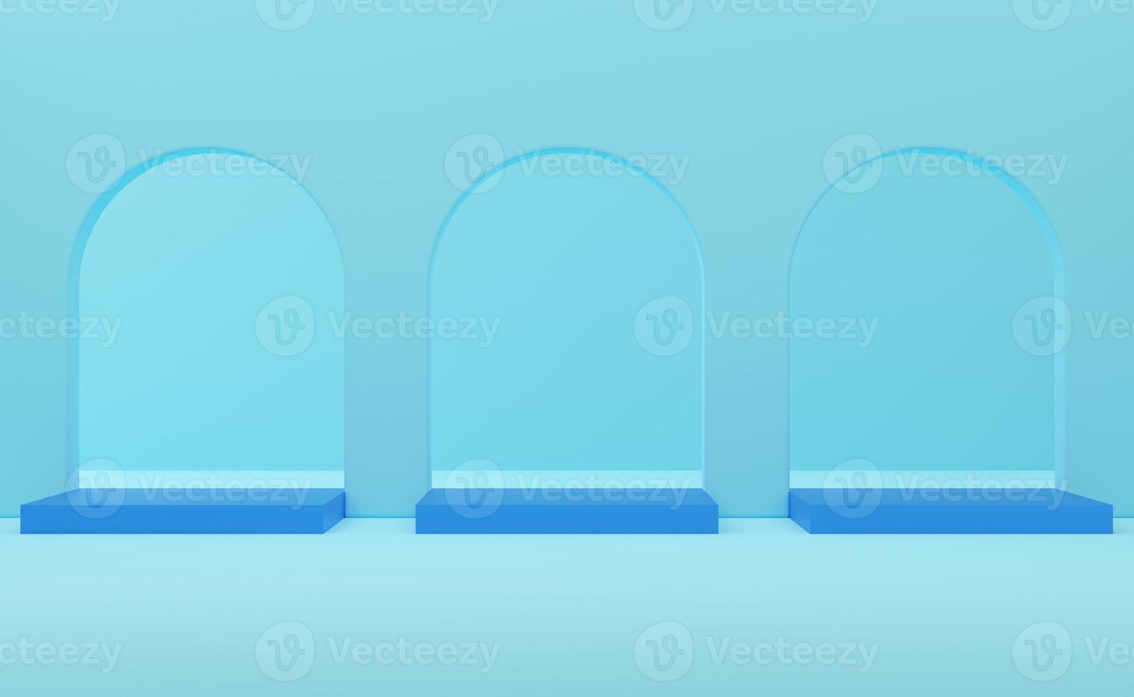 Empty blue cube podium on arch blue background. Abstract minimal studio 3d geometric shape object. Mockup space for display of product design. 3d rendering. photo