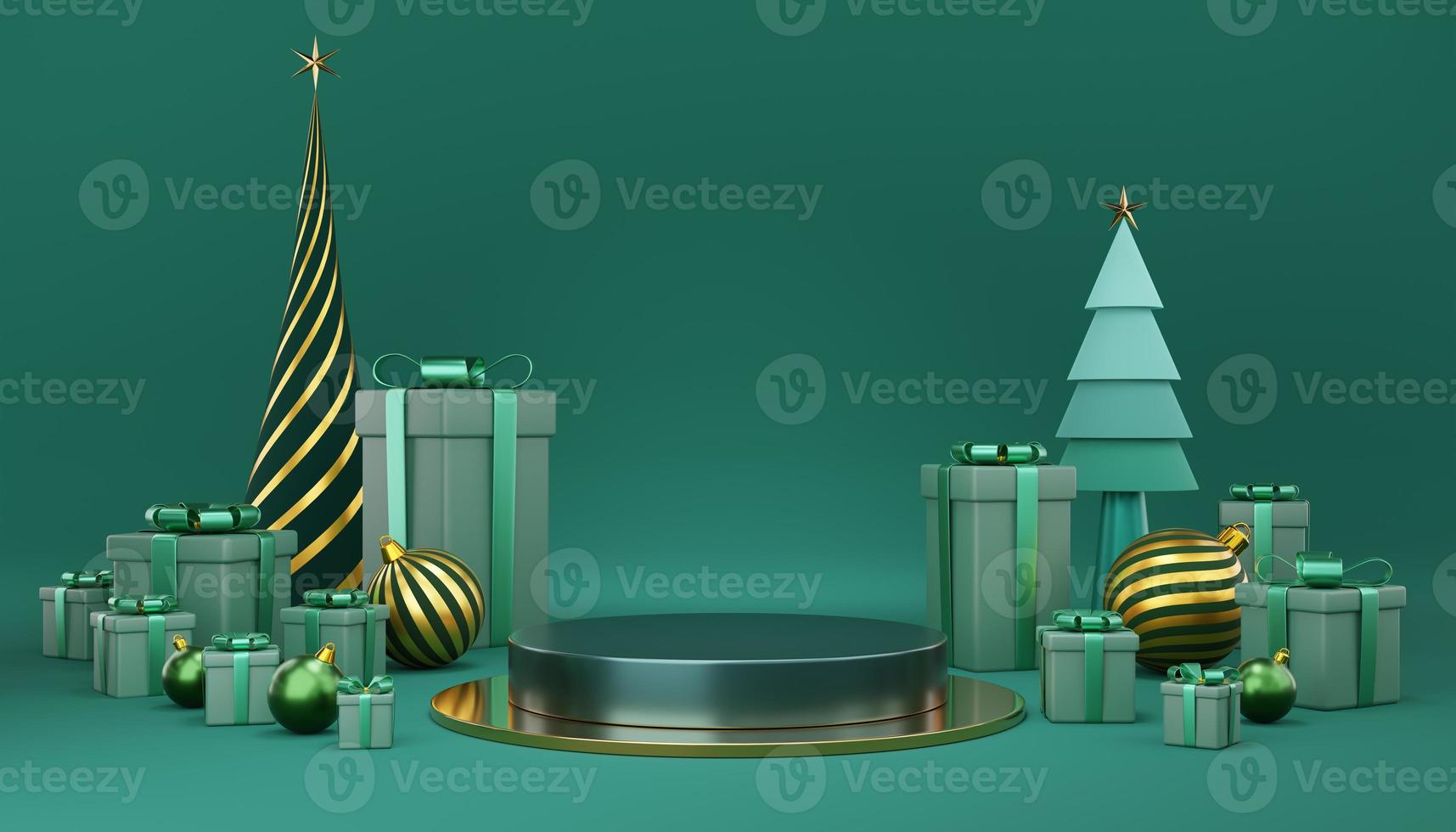 Empty green and gold cylinder podium with green gift box, pine trees, ball and star on green background. Abstract minimal studio 3d geometric for Christmas. Mockup for Merry Christmas. 3d rendering. photo
