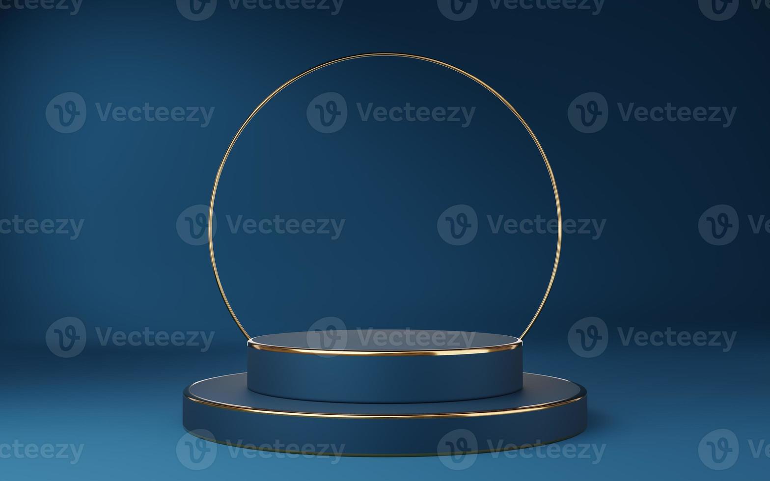 Empty blue cylinder podium with gold border and gold circle on blue background. Abstract minimal studio 3d geometric shape object. Mockup space for display of product design. 3d rendering. photo