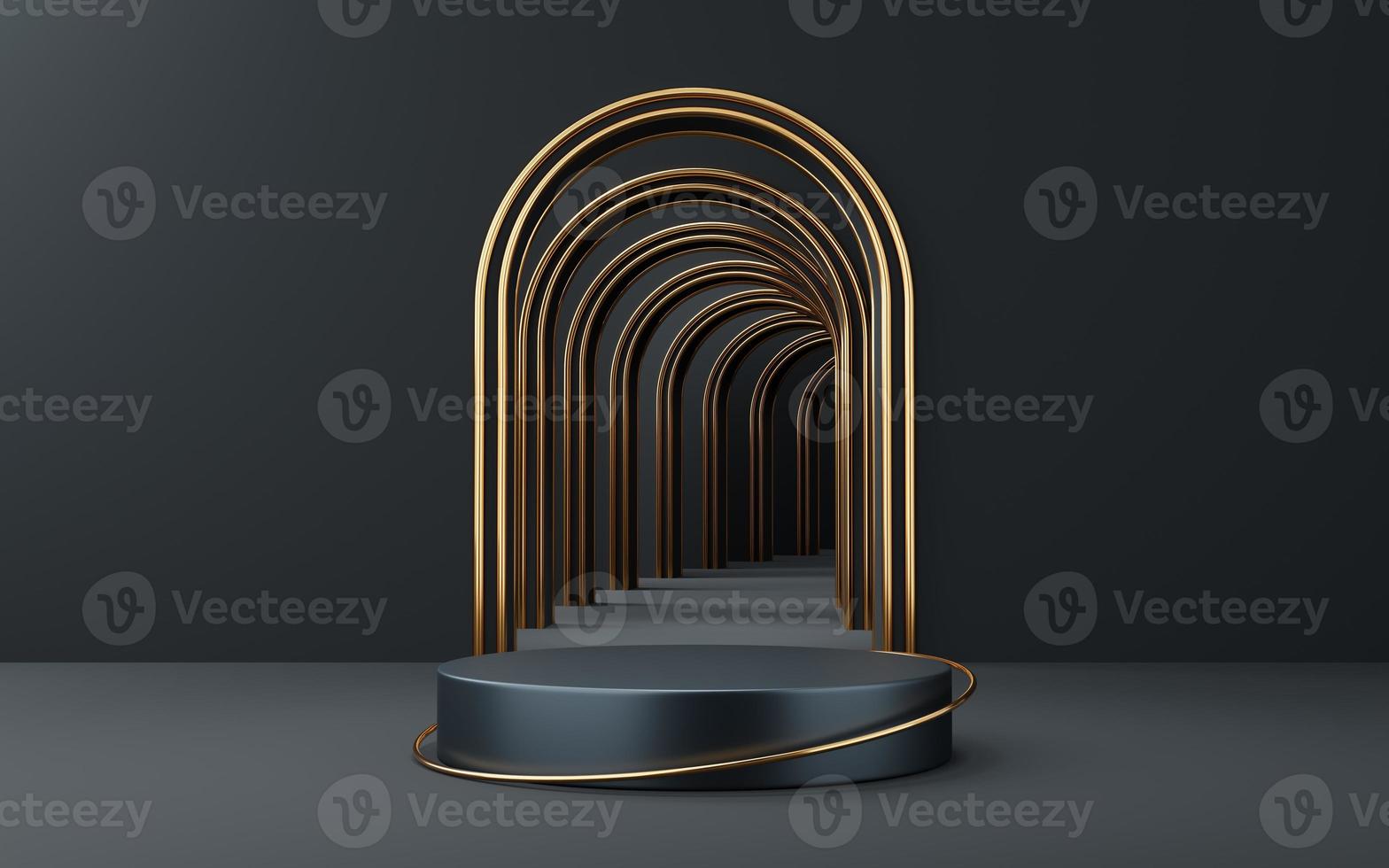 Empty gray cylinder podium and gold circle on black arch background. Abstract minimal studio 3d geometric shape object. Pedestal mockup space for display of product design. 3d rendering. photo