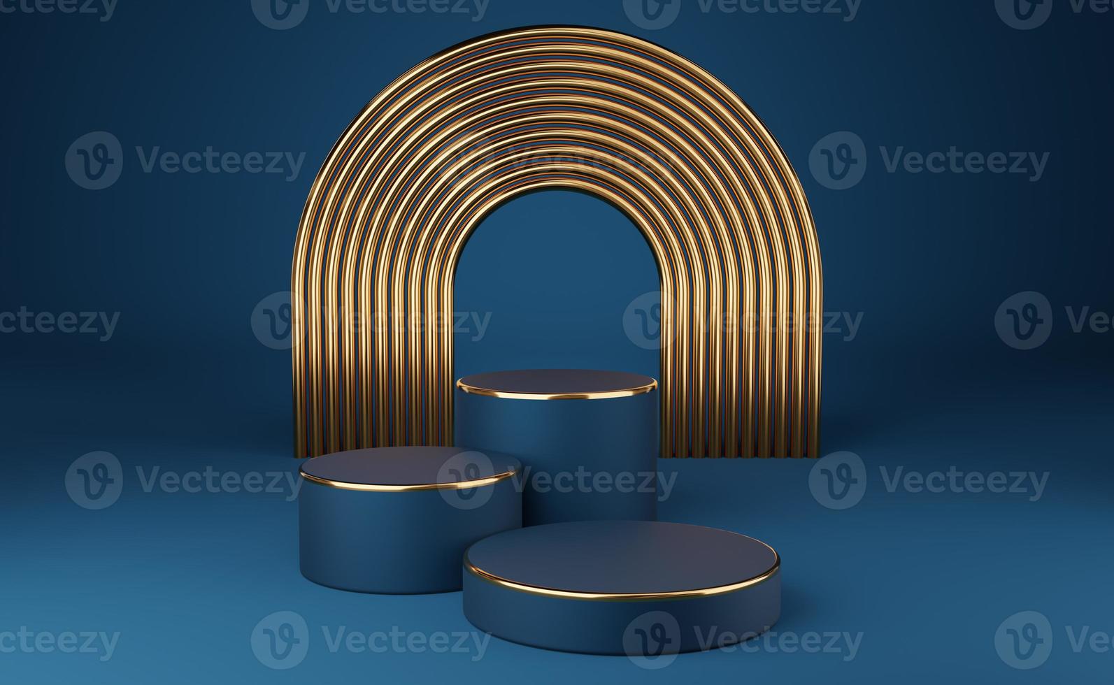 Empty blue cylinder podium with gold border and gold arch on blue background. Abstract minimal studio 3d geometric shape object. Mockup space for display of product design. 3d rendering. photo