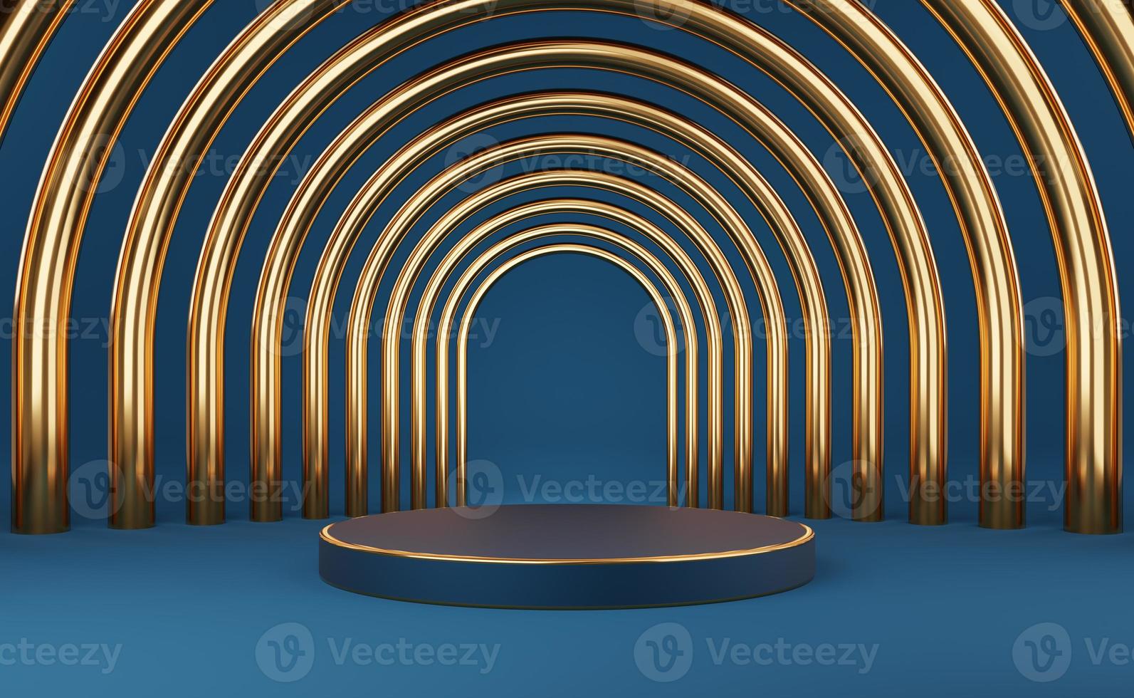 Empty blue cylinder podium with gold border and gold arch on blue background. Abstract minimal studio 3d geometric shape object. Mockup space for display of product design. 3d rendering. photo