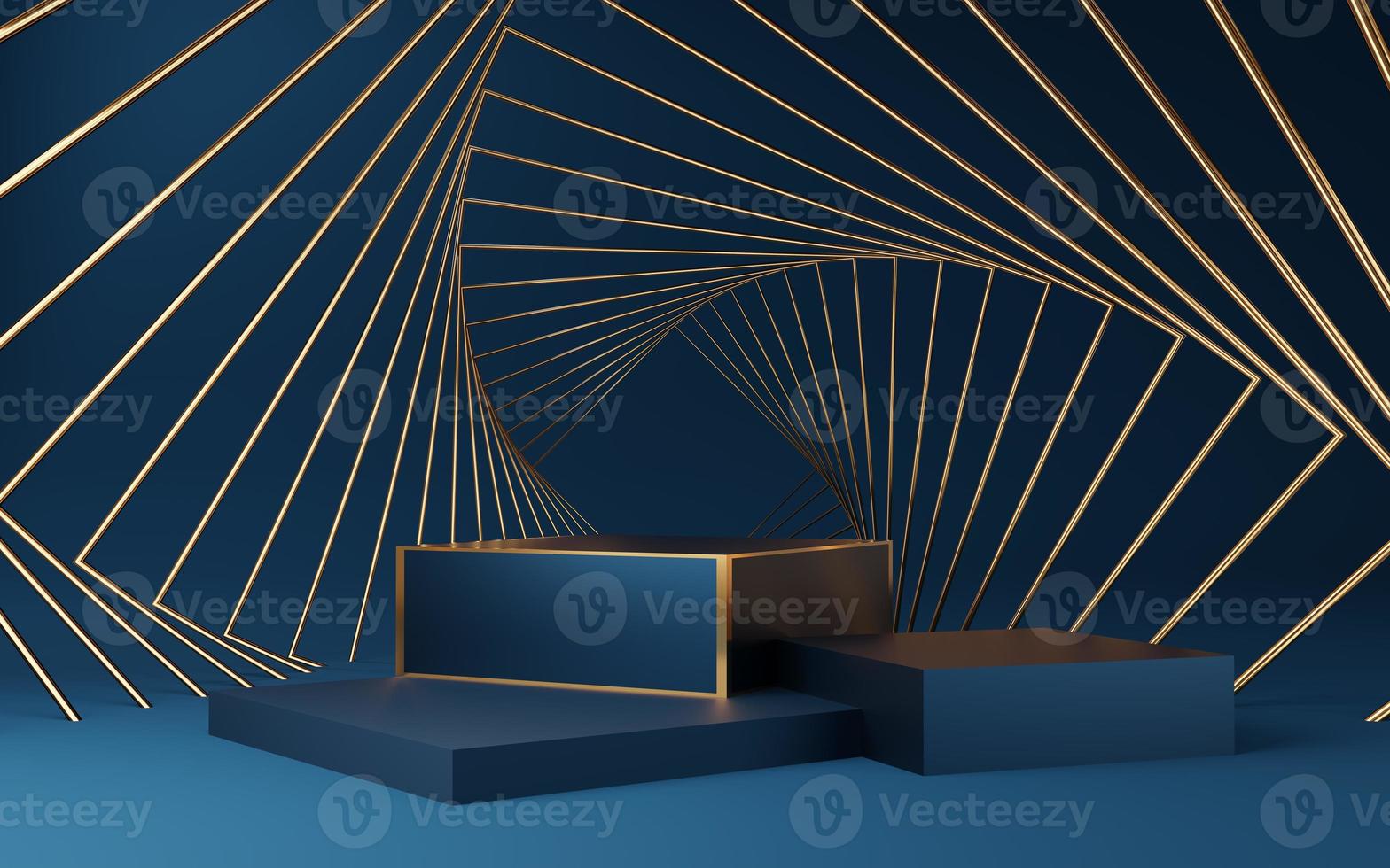 Empty blue cube podium with gold border and gold square on blue background. Abstract minimal studio 3d geometric shape object. Mockup space for display of product design. 3d rendering. photo