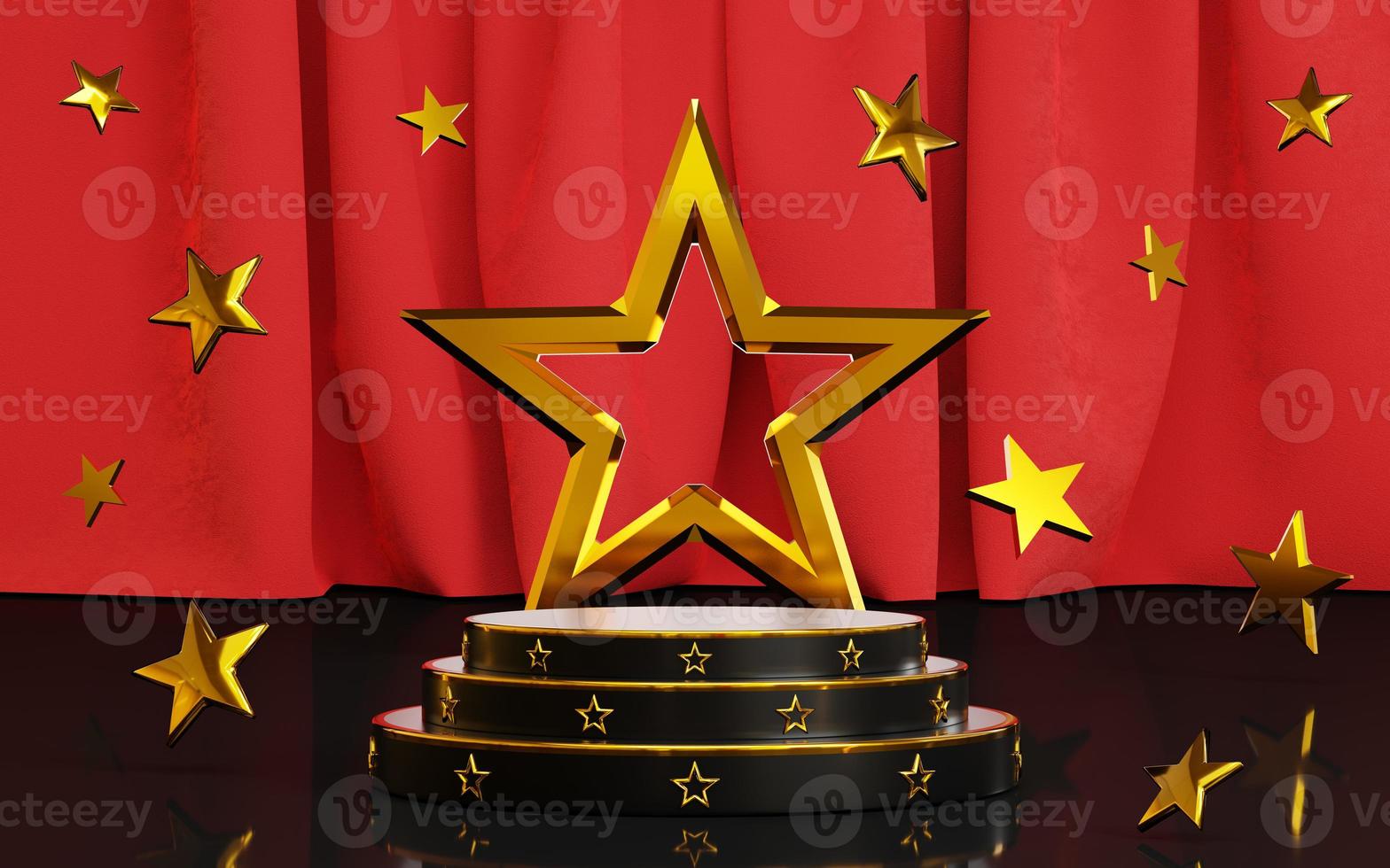 Black podium and gold star pattern with big gold star on red curtain. Award podium star gold. contest stage. photo