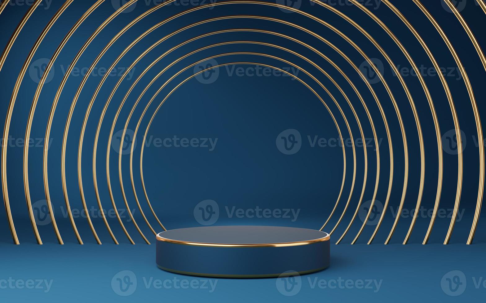 Empty blue cylinder podium with gold border and gold circle on blue background. Abstract minimal studio 3d geometric shape object. Mockup space for display of product design. 3d rendering. photo