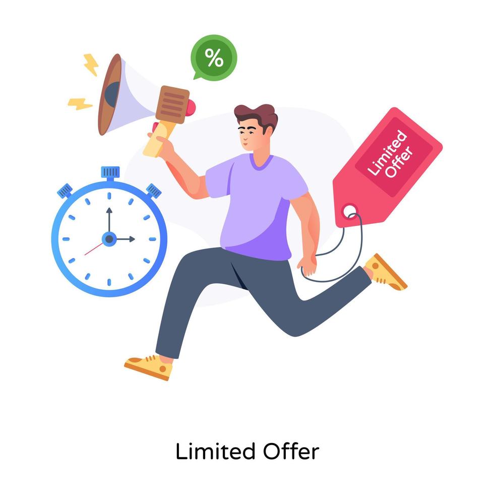 Person with megaphone and time, flat illustration of limited offer vector