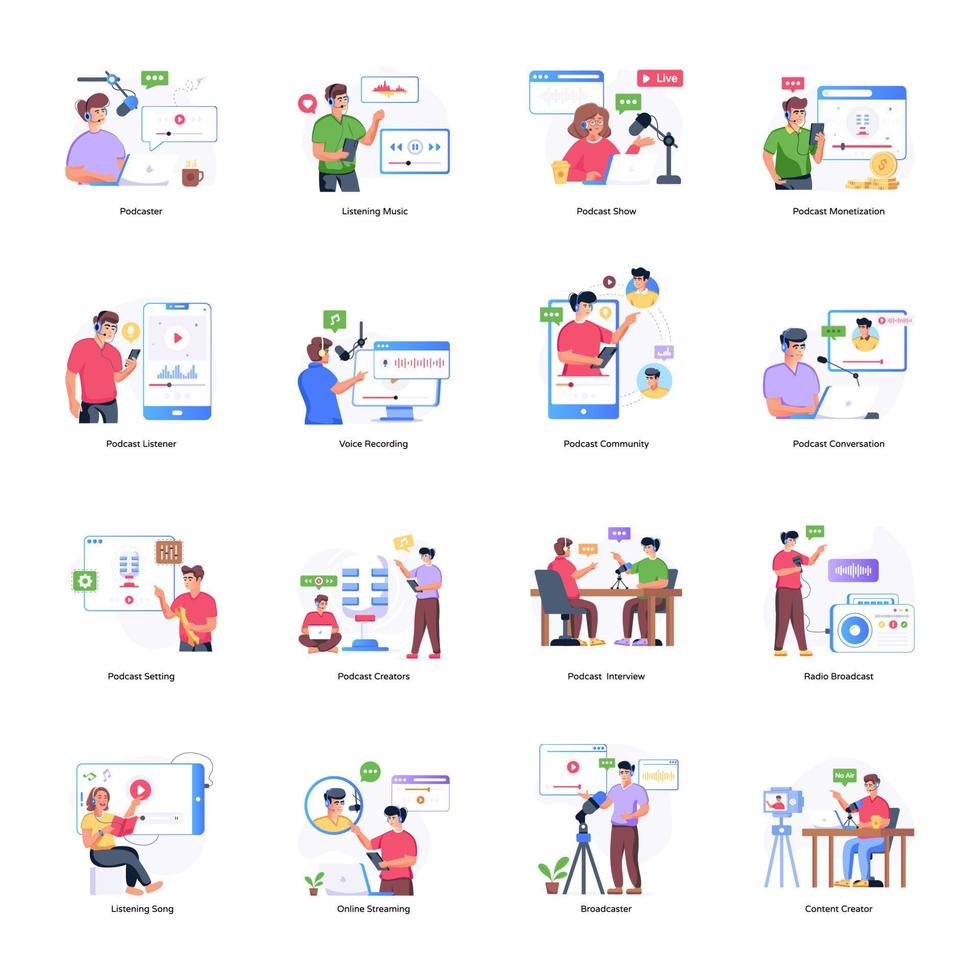 Collection of Podcast Flat Illustrations vector