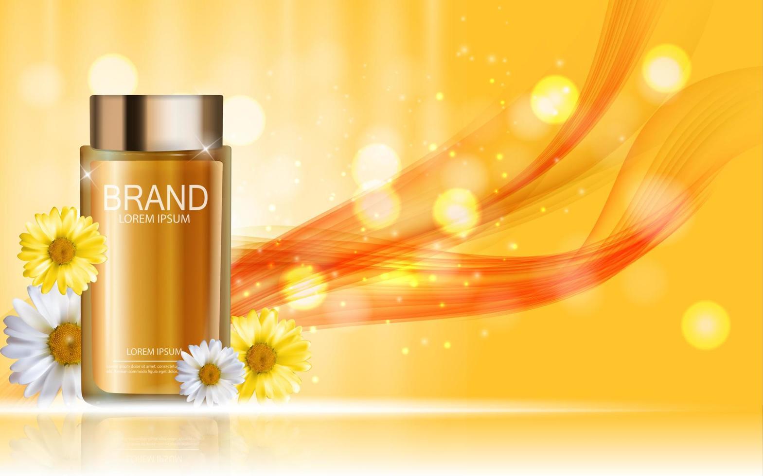 Design Cosmetics Product Bottle with Flowers Chamomile Template for Ads, Announcement Sale, Promotion New Product or Magazine Background. 3D Realistic Vector Iillustration