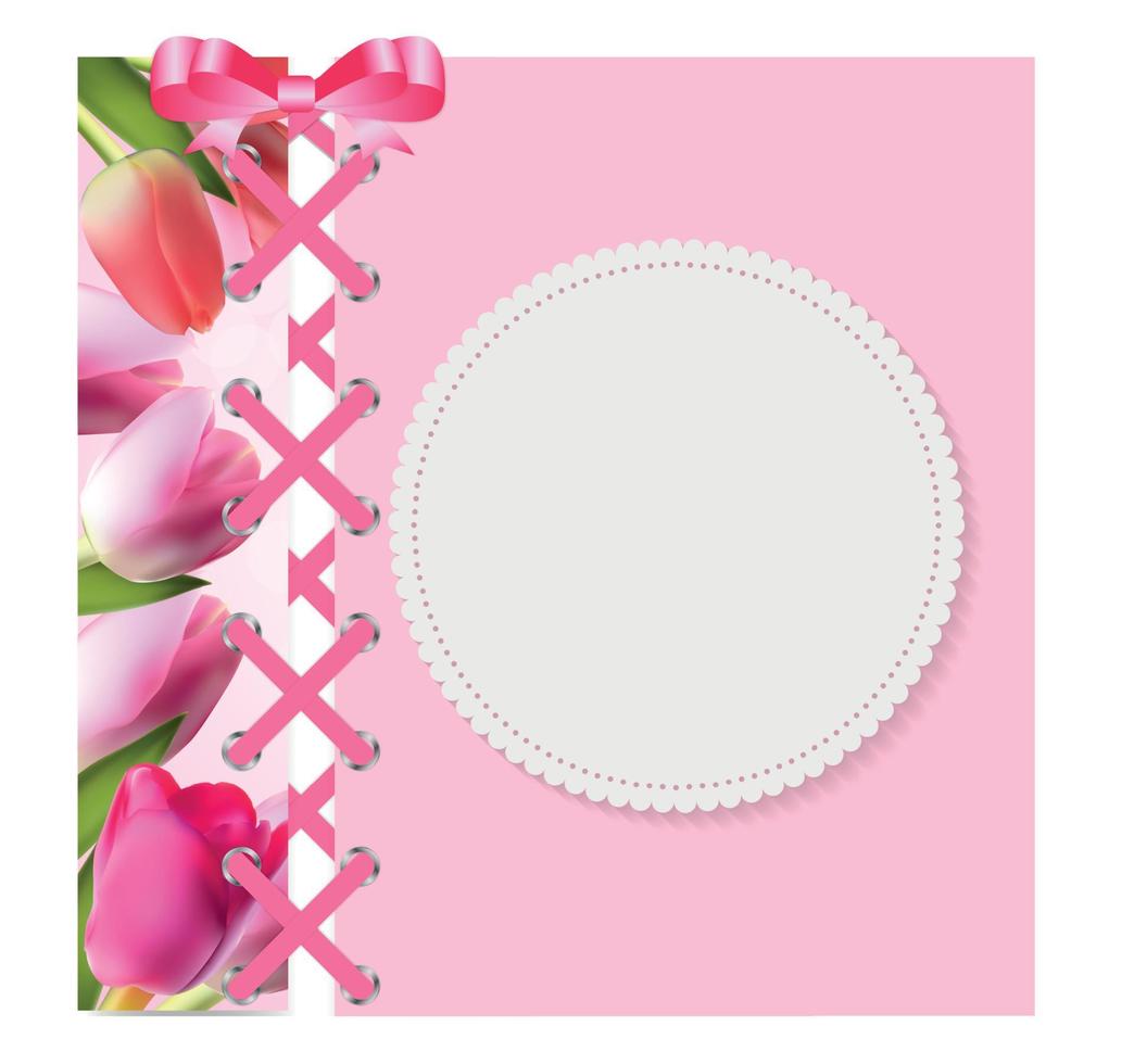 Vintage Frame with Bow, Ribbon and Tulip Folwers  Background. Vector Illustration