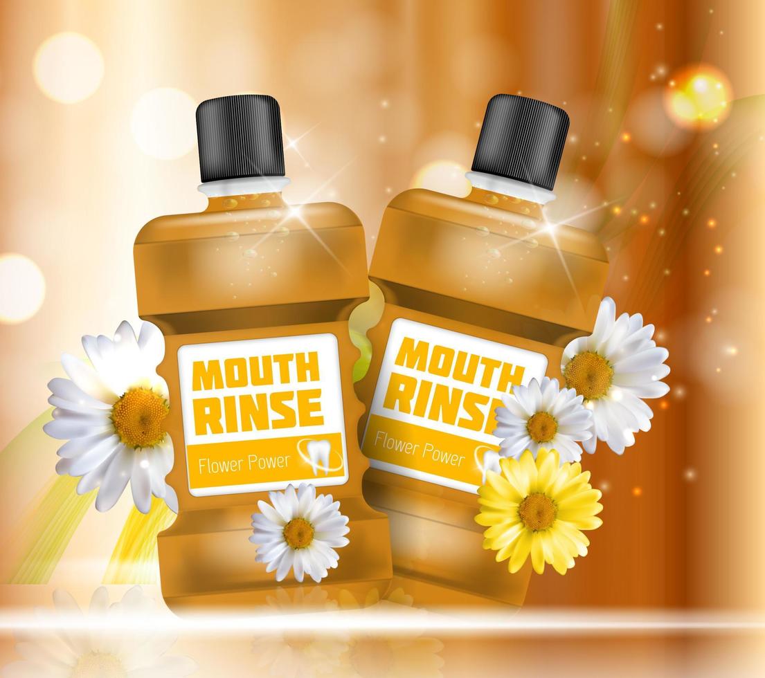 Mouth Rinse Design Cosmetics Product Bottle with Flowers Chamomile Template for Ads, Announcement Sale, Promotion New Product or Magazine Background. 3D Realistic Vector Iillustration