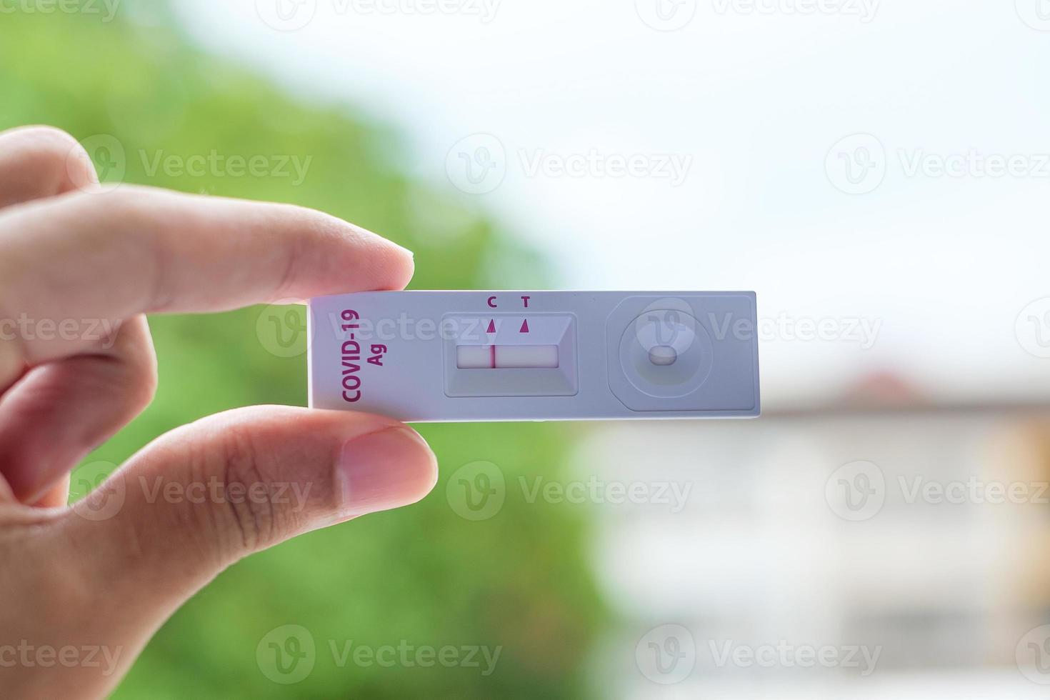 man holding Rapid Antigen Test kit with Negative result during swab COVID-19 testing. Coronavirus Self nasal or Home test, Lockdown and Home Isolation concept photo