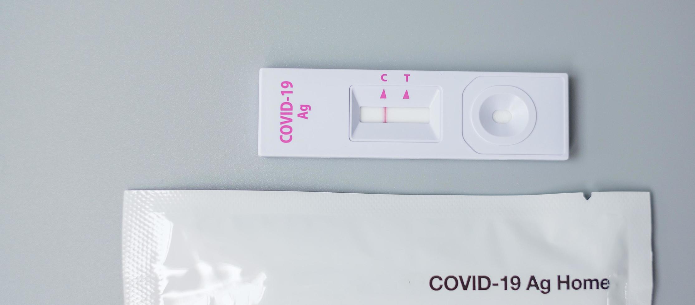 Rapid Antigen Test kit with Negative result during swab COVID-19 testing. Coronavirus Self nasal or Home test, Lockdown and Home Isolation concept photo