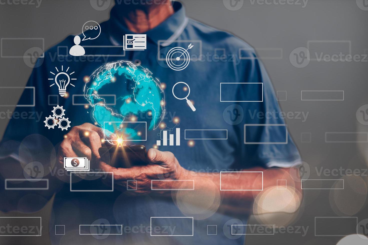 A businessman is using a smartphone to do online transactions with internet technology, a global data connection concept. with technology internet, big data, data search, online marketing photo