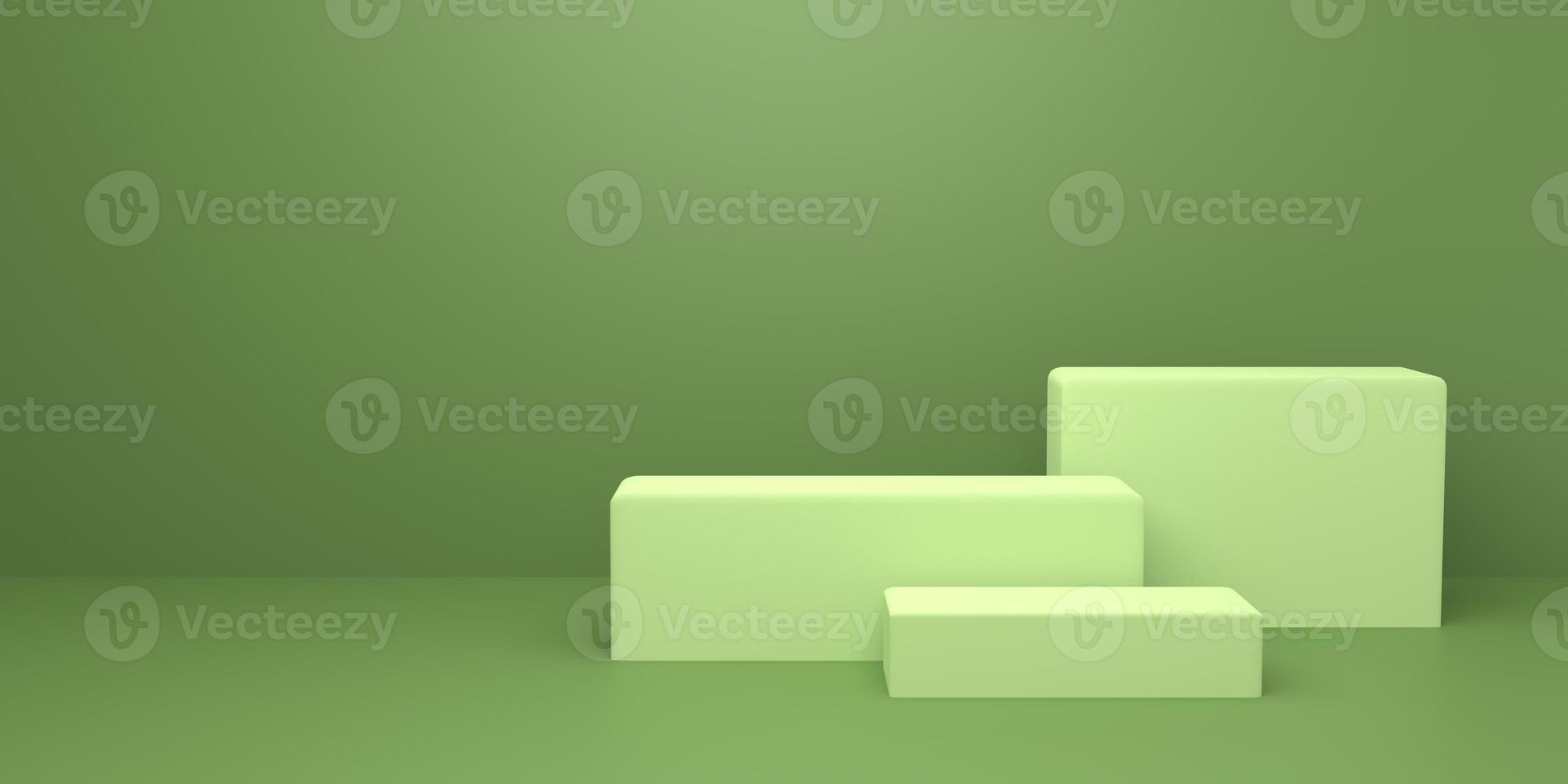 3d rendering of abstract minimal concept background geometry shape empty podium on green color. Scene for advertising, cosmetic ads, showcase, cream, magazine, fashion. Illustration. Product display photo