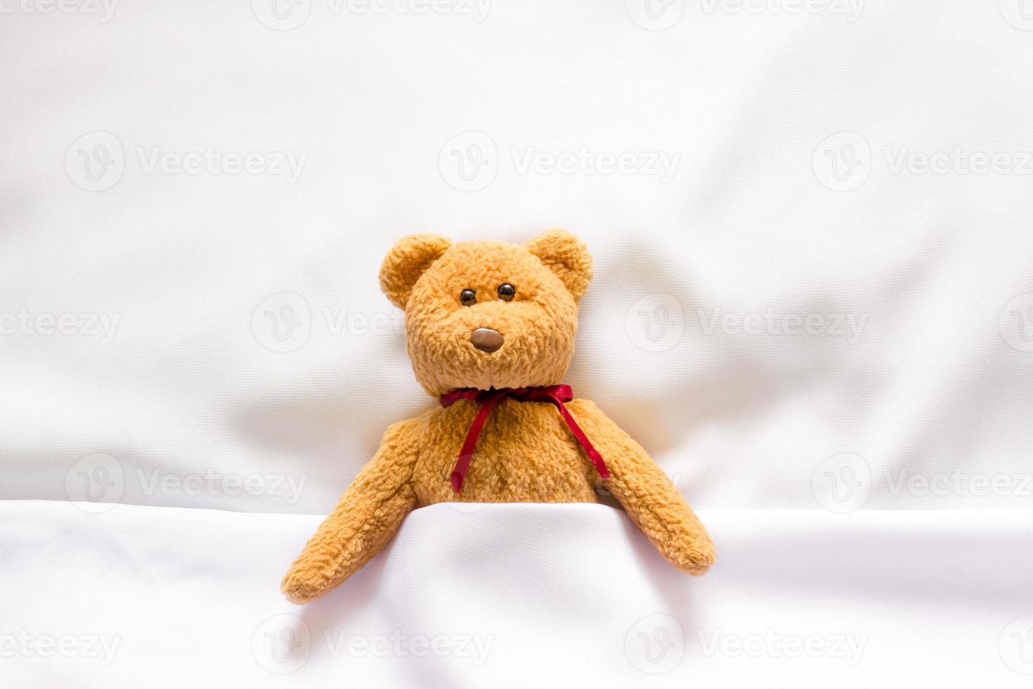 Teddy Bear doll lying in the white bed photo