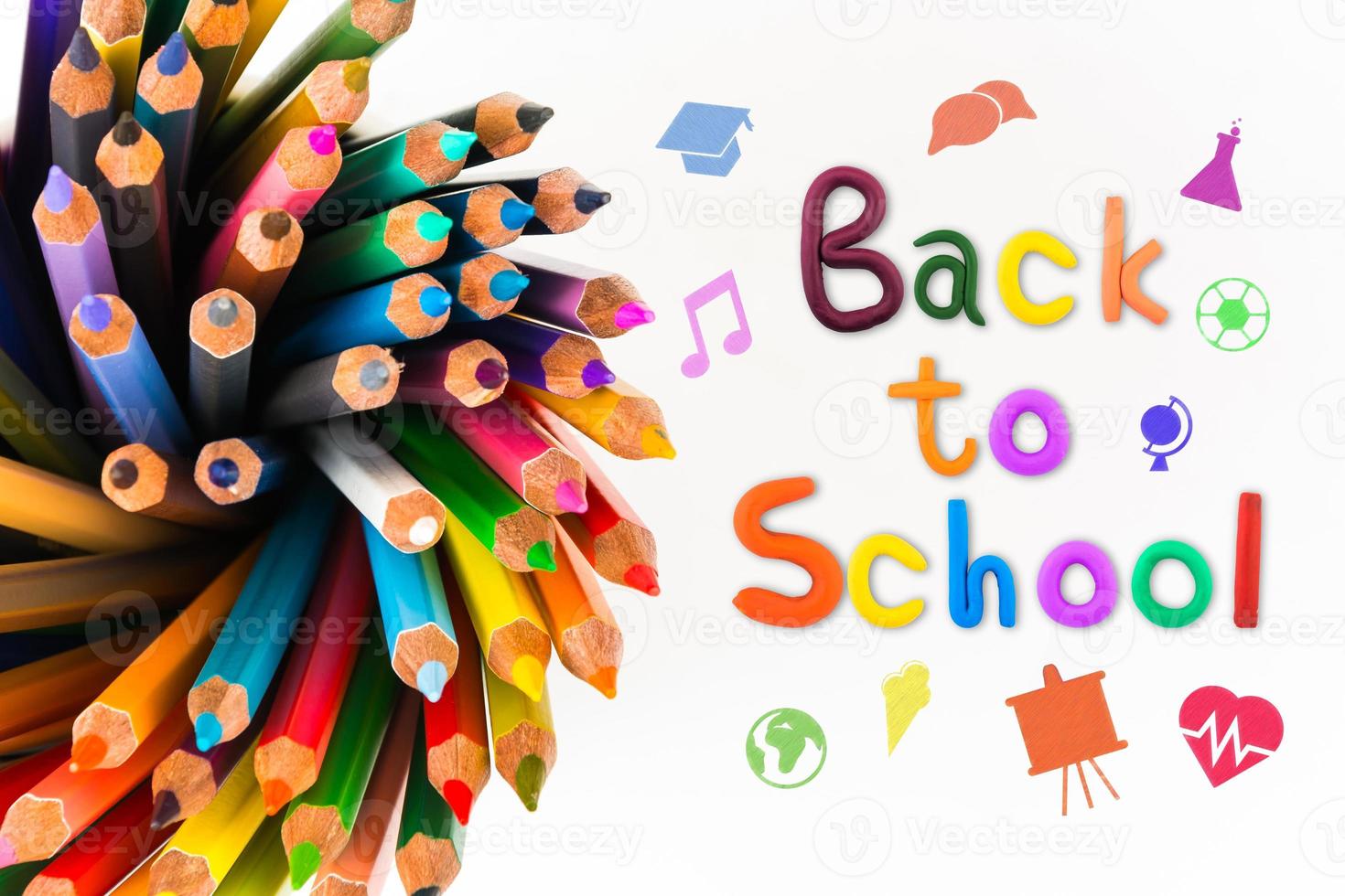 Top view banner message  Back to School  with color pencil Items for the school on white background photo