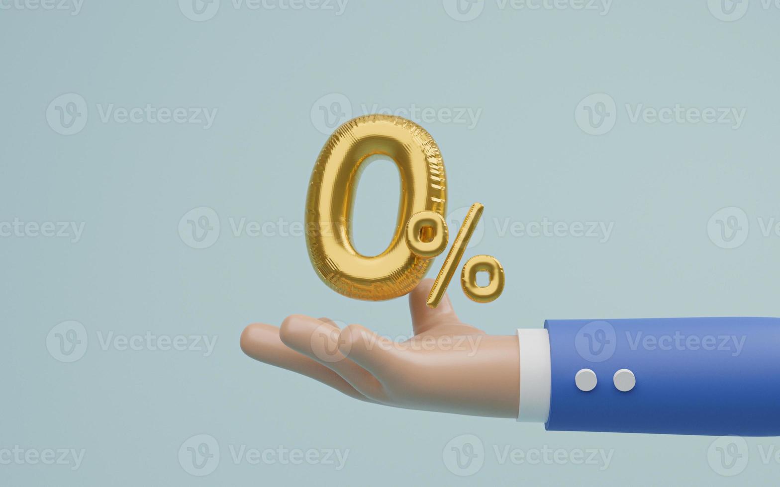 Businessman holding golden zero percentage balloon for  special offer of shopping department store discount and banking interest rate concept by realistic 3d render illustration. photo