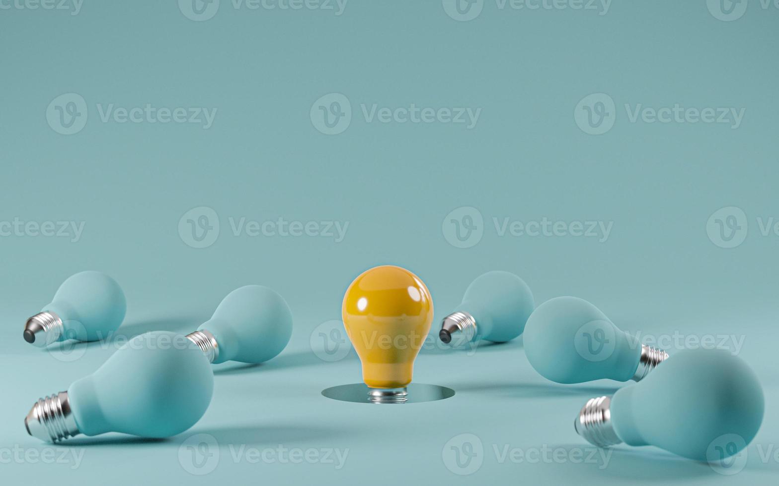 One yellow Lightbulb emerge from the hole among falling blue light bulb with copy space for creative thinking , problem solving solution and outstanding concept by 3d rendering illustration. photo