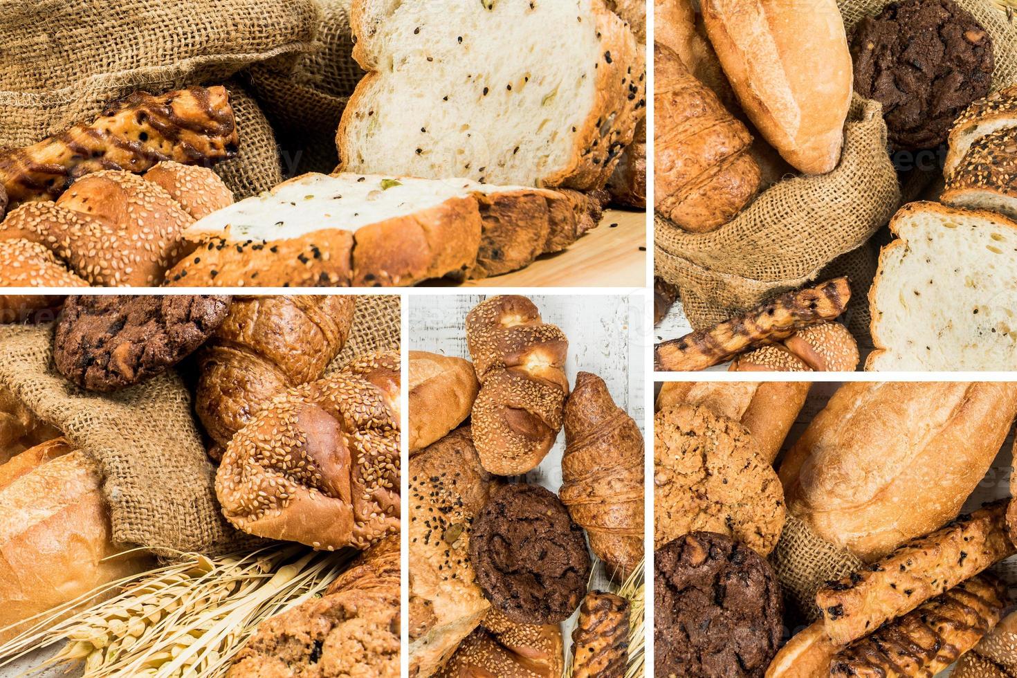 panadería sobre madera fondo blanco diferentes tipos de pan foto