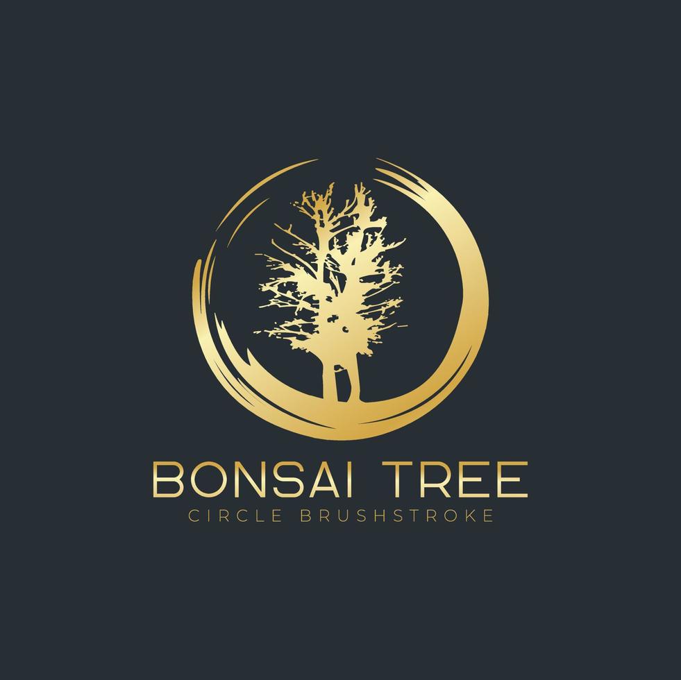 Circle brushstroke with bonsai tree logo, plant silhouette icons on white background. vector