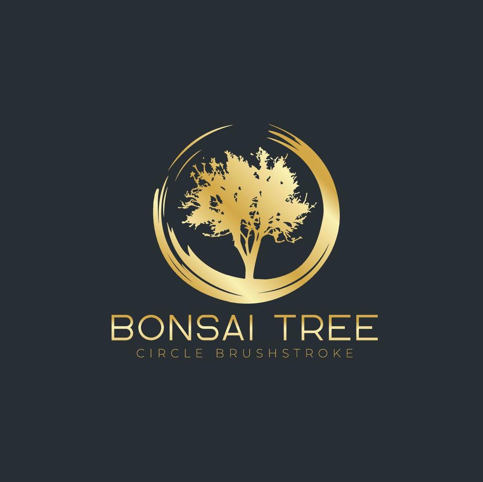 Circle brushstroke with bonsai tree logo, plant silhouette icons on white background. vector