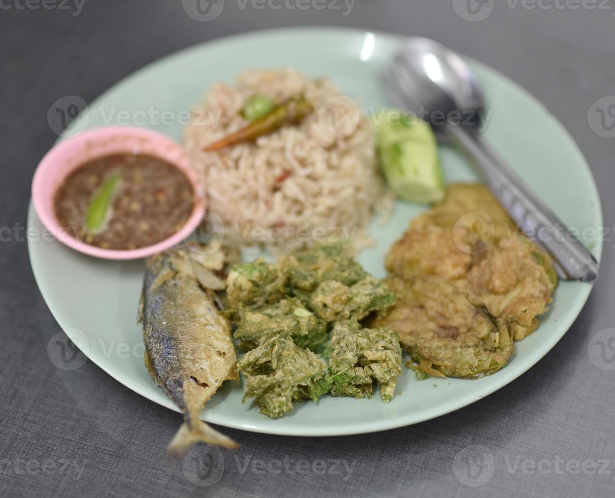 Rice with Chili Paste, Mackerel and Fried Vegetables photo