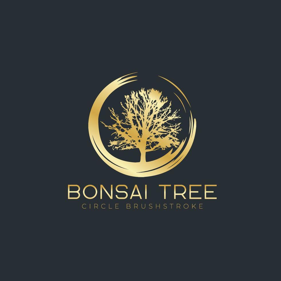 Circle brushstroke with bonsai tree logo, plant silhouette icons on white background. vector