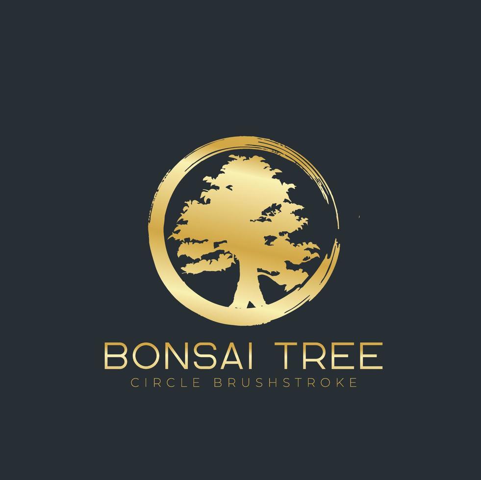 Circle brushstroke with bonsai tree logo, plant silhouette icons on white background. vector