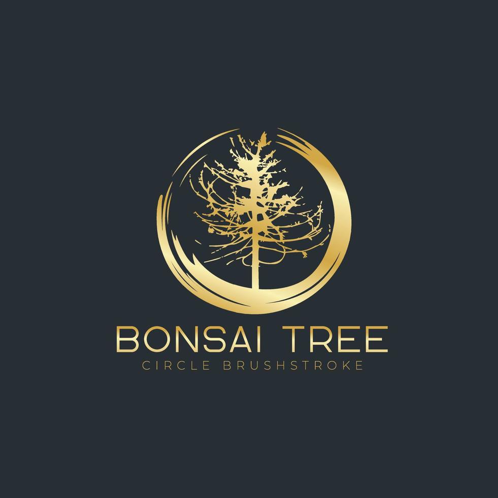 Circle brushstroke with bonsai tree logo, plant silhouette icons on white background. vector