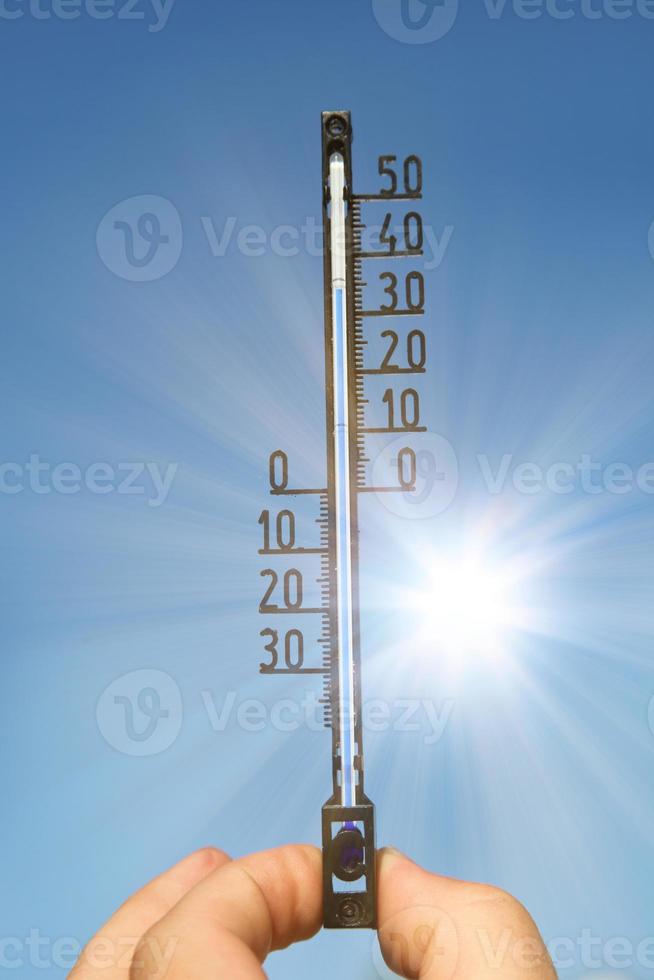 Thermometer with celsius scale showing extreme high temperature. photo