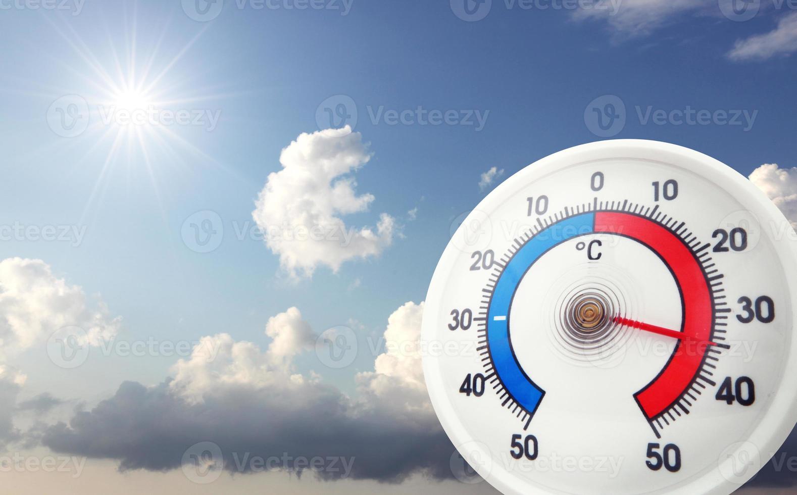 Weather Thermometer Showing High Temperature Hot Weather Stock