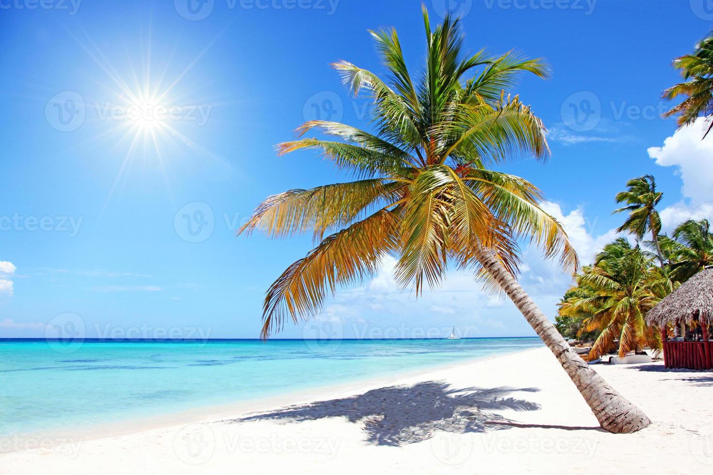 playa de arena blanca, sol y mar tranquilo. bandera tropical