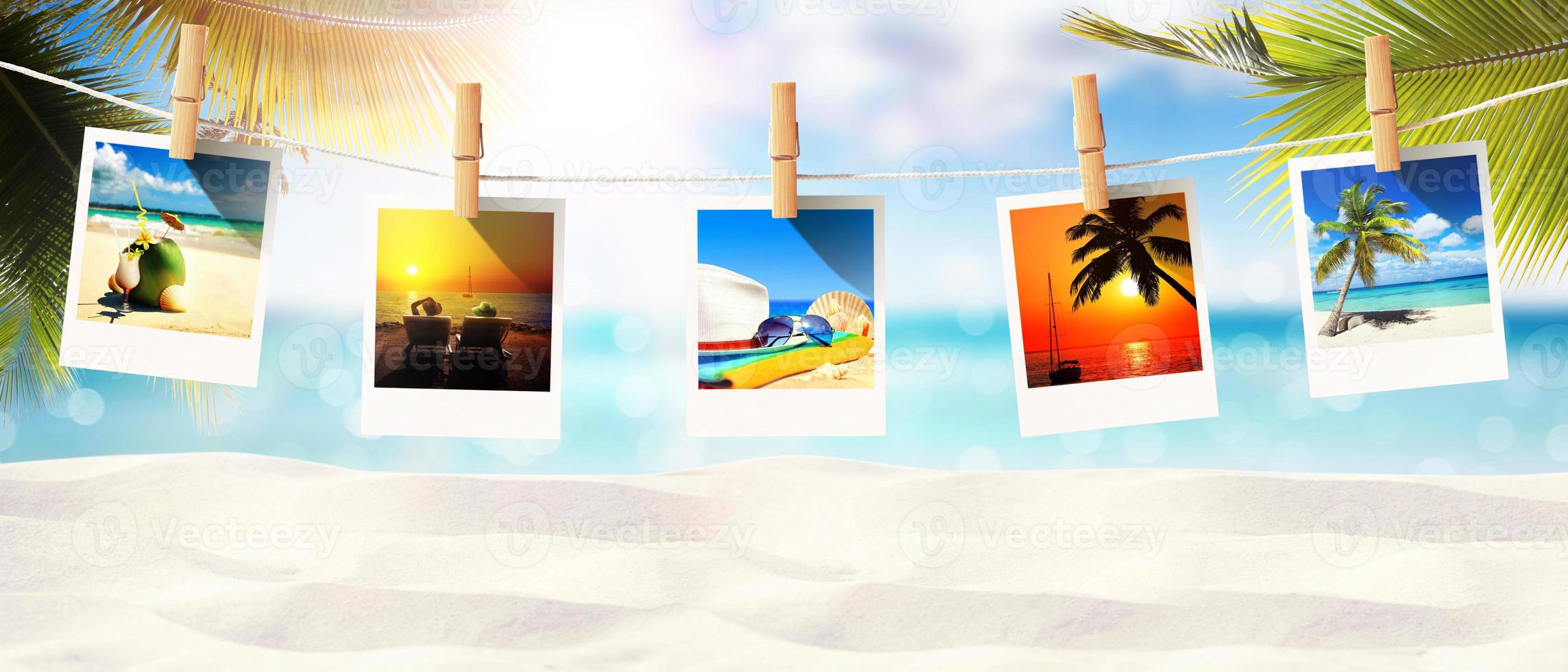 Landscape with photos on tropical beach - summer holiday.