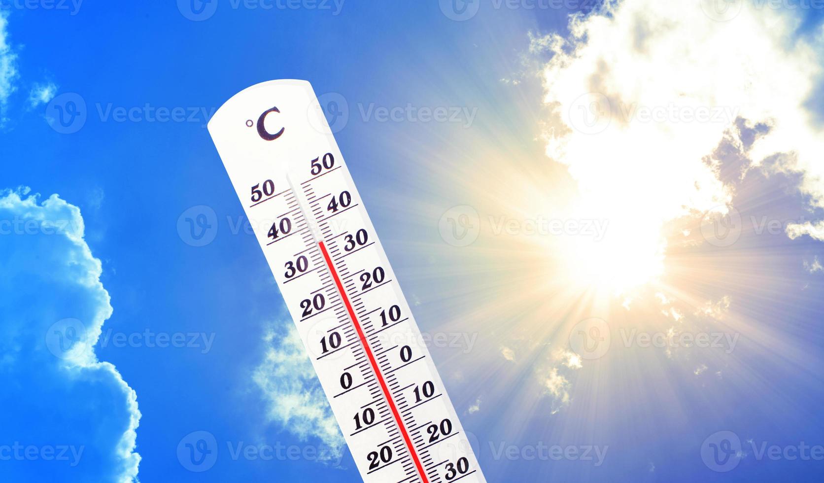 Thermometer with celsius scale showing extreme high temperature. photo