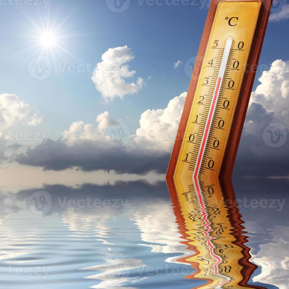 Thermometer with celsius scale showing extreme high temperature. photo