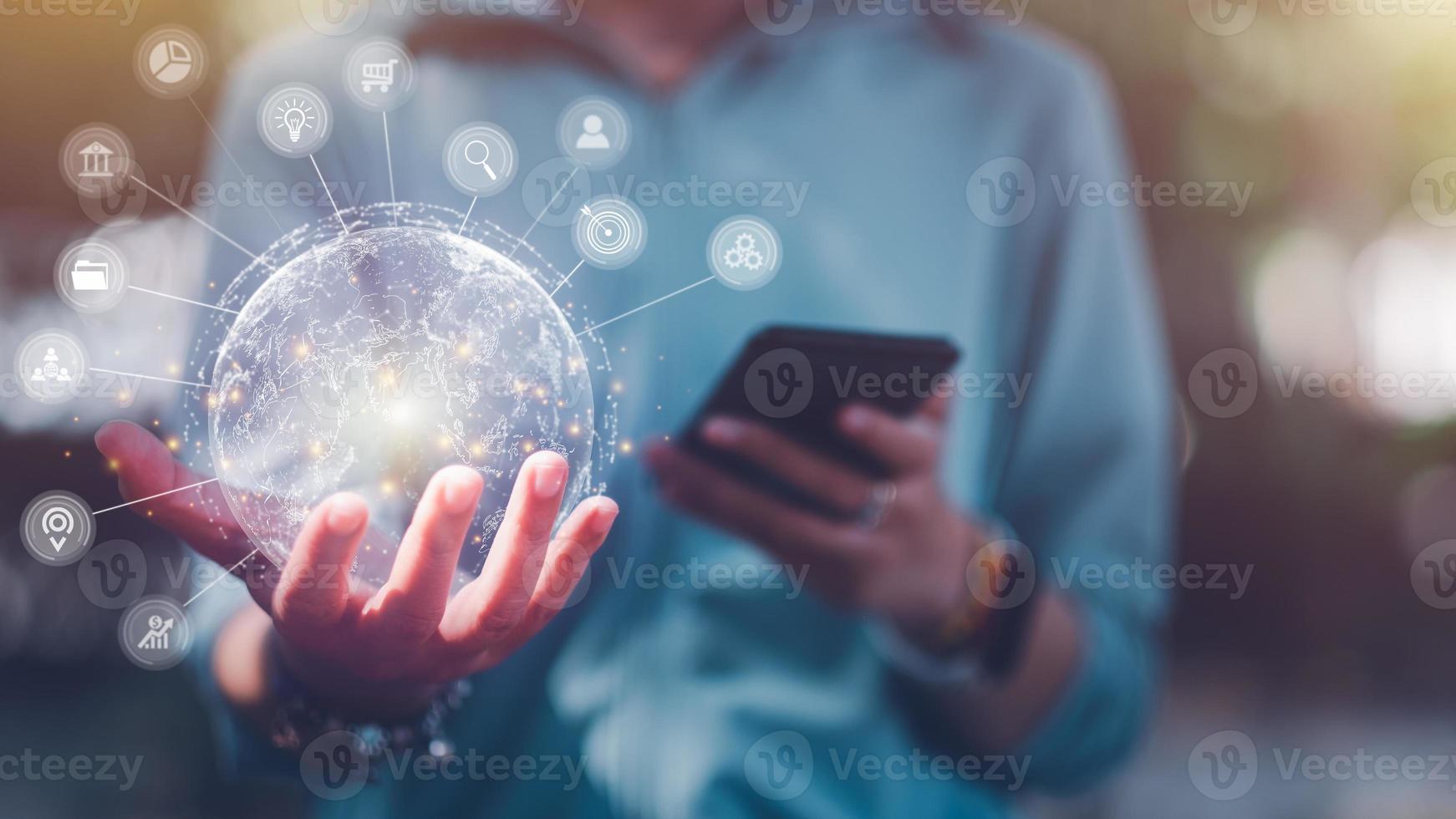 Women are using smart phone to do online transactions with internet technology, Online marketing, Data searching, Internet of things, Concept of global data connection by internet technology. photo