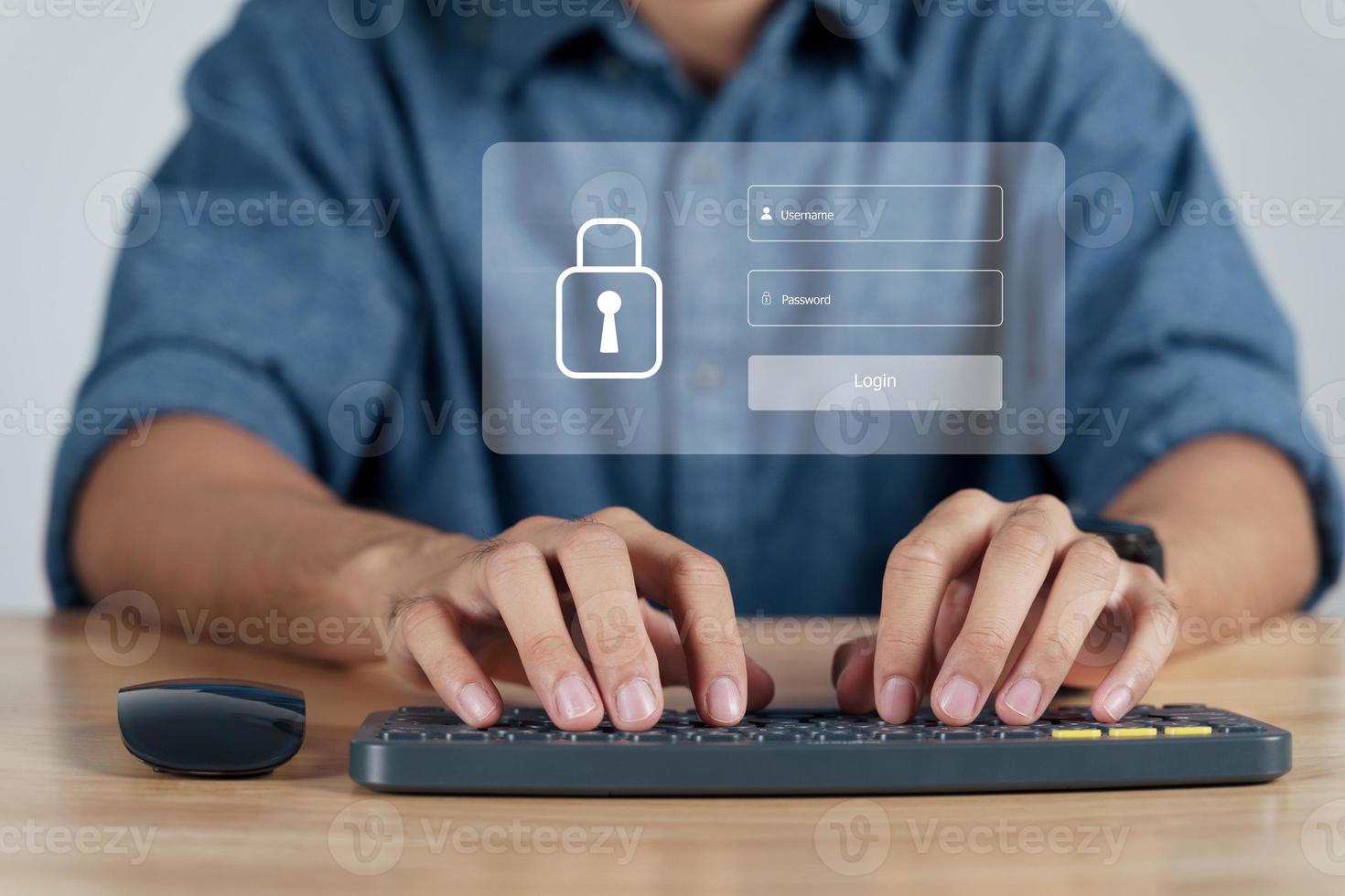 Businessman protecting personal data on computer with Login virtual interfaces. Lock icon and internet network security technology. Cybersecurity and privacy concepts. photo