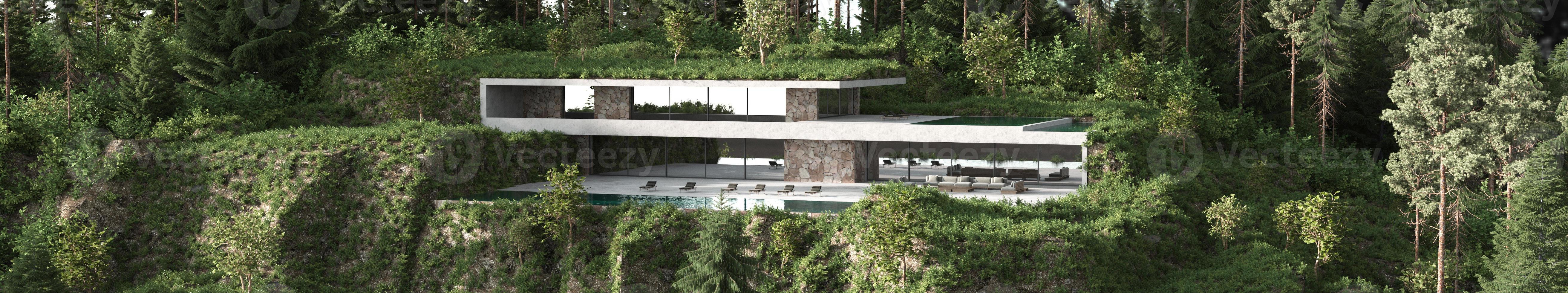 Modern building architecture design, home terrace, swimming pool, sun lounger, window, concrete, stone. beautiful mountains, Nature, forest, trees, panoramic view. 3d rendering illustration exterior. photo