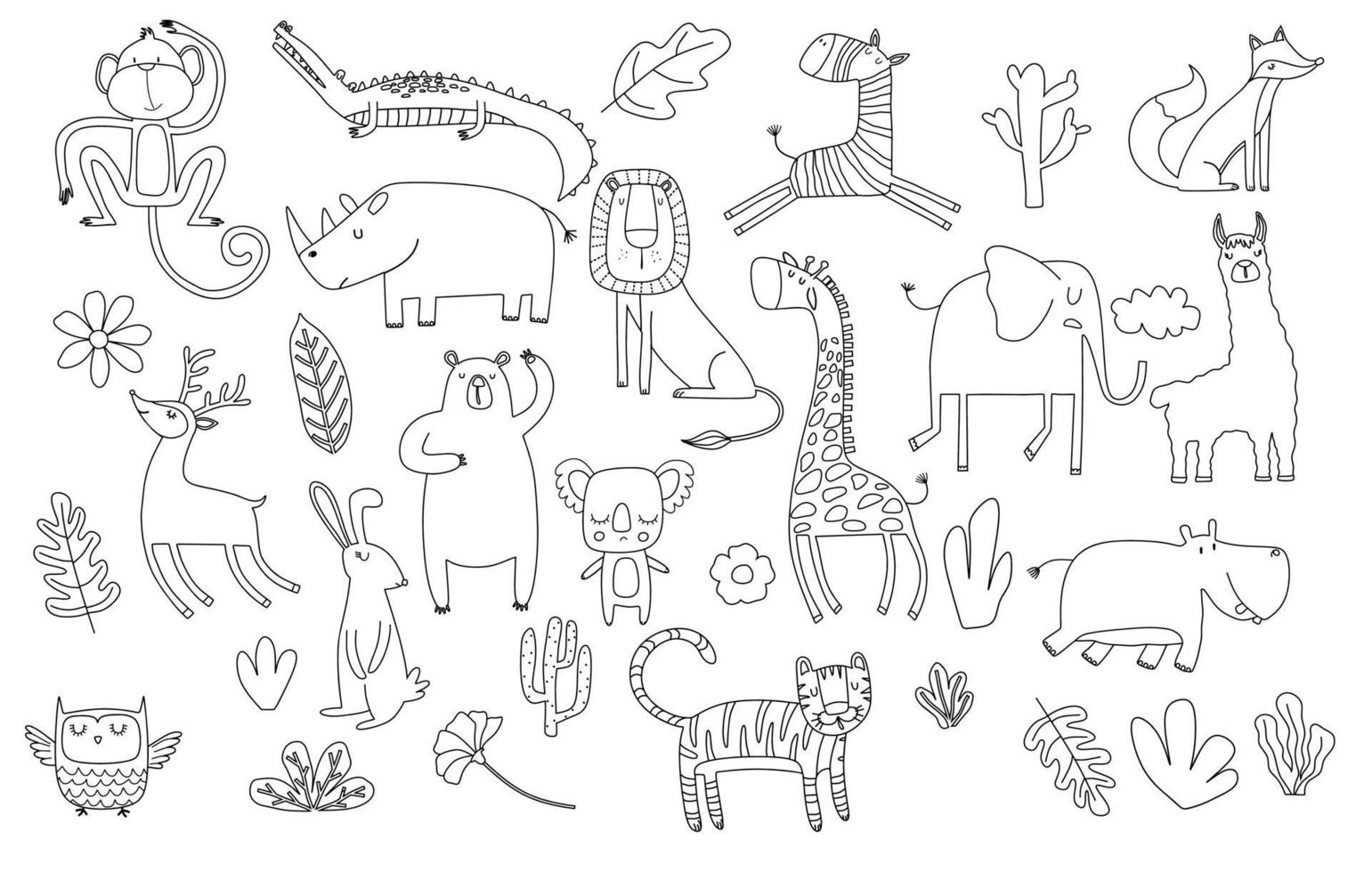 cartoon big set of cute doodle animals. vector