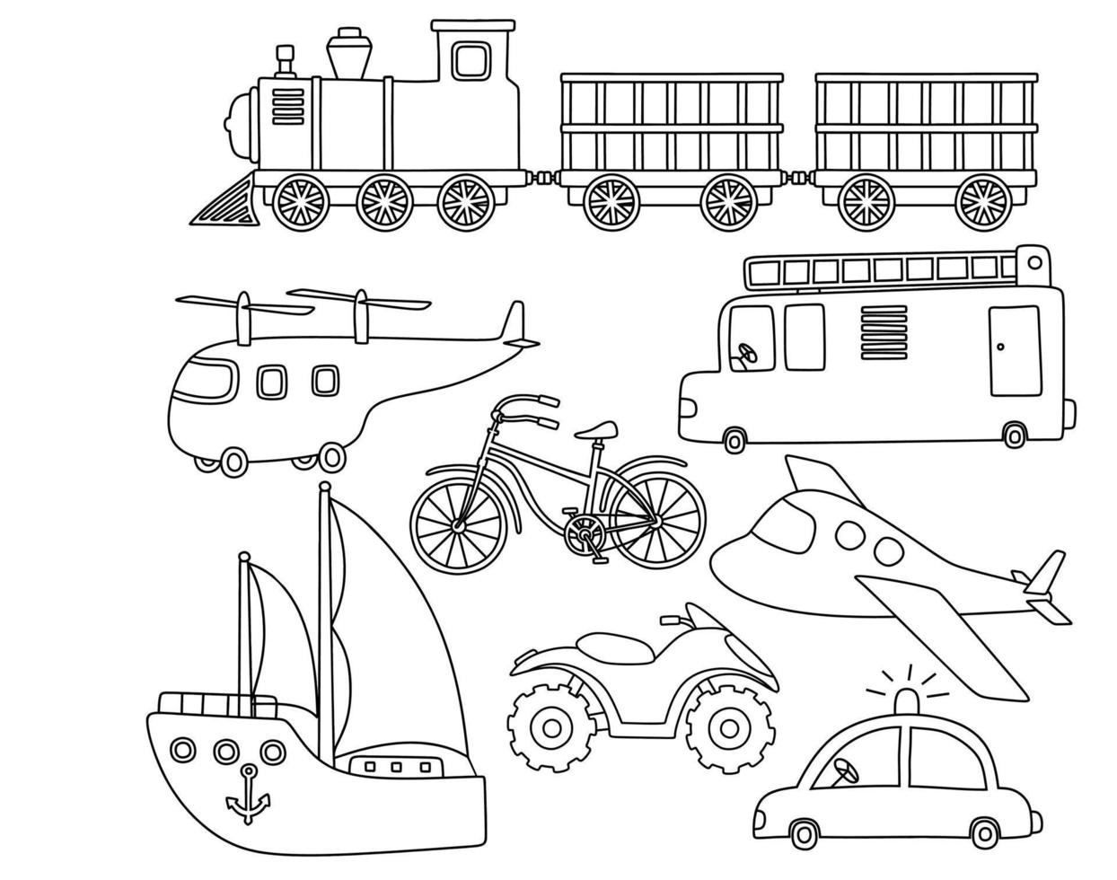 black line doodle set of cute transportation. vector