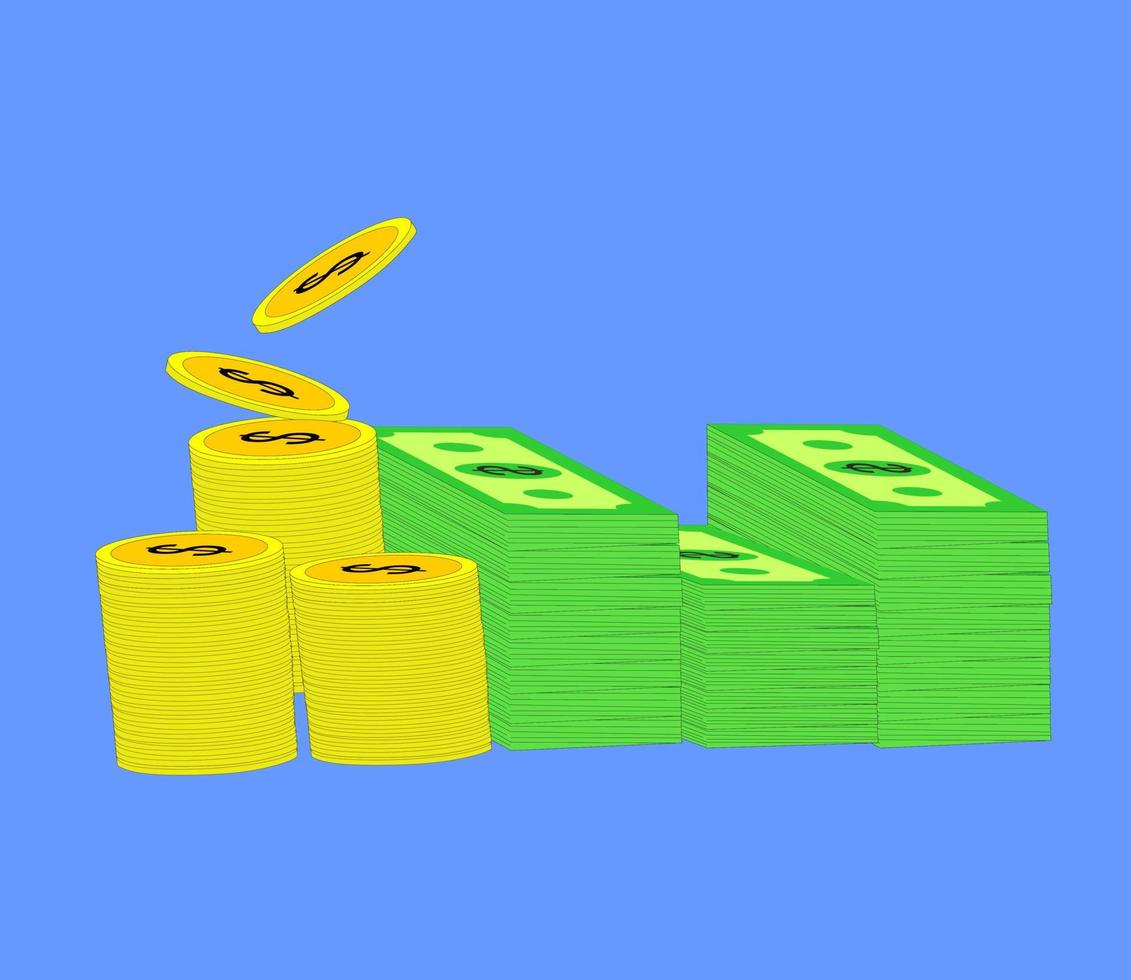 pile of coins and paper dollars illustration vector