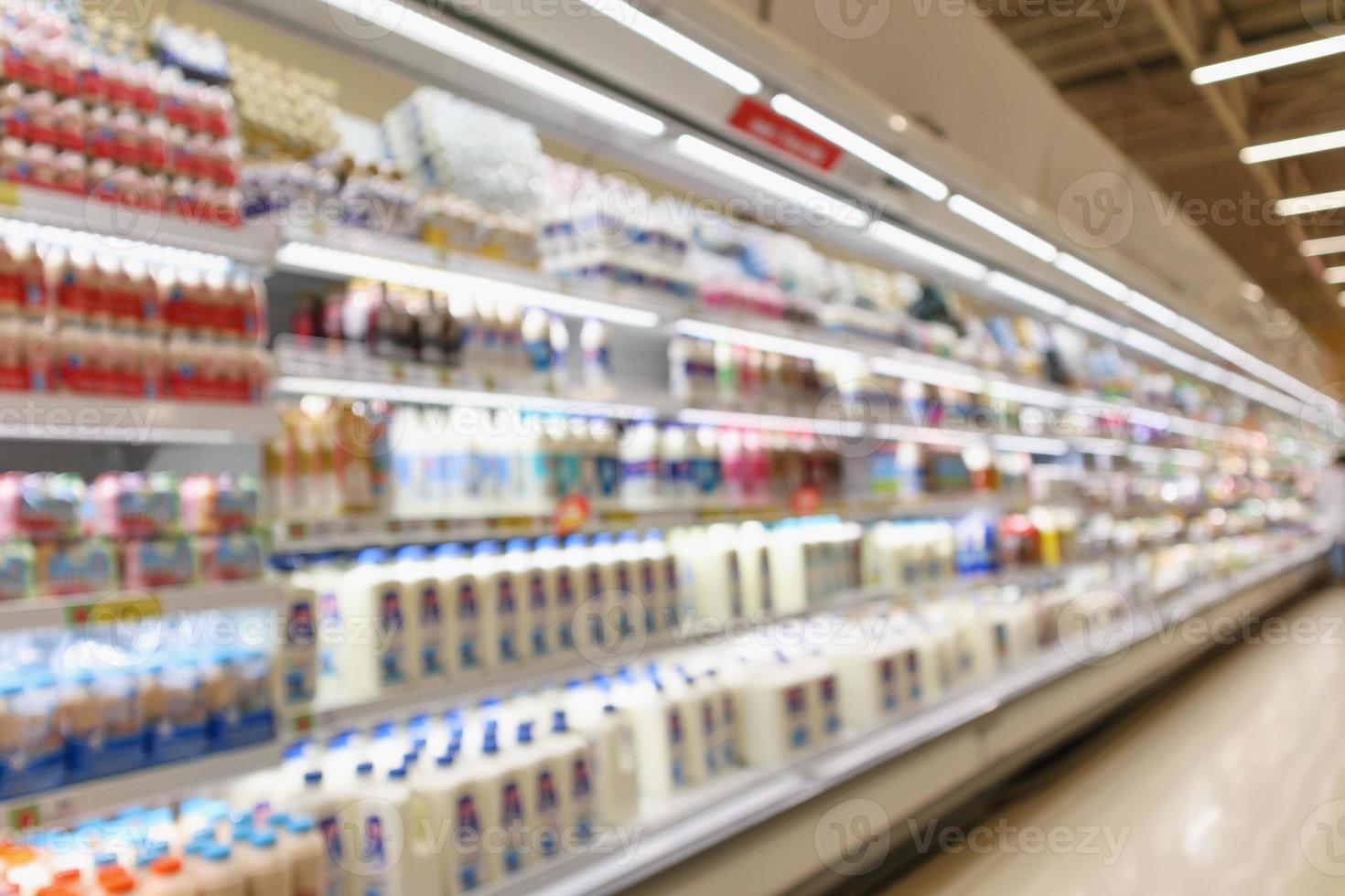 Abstract blur supermarket refrigerator shelves with milk bottles and dairy products photo