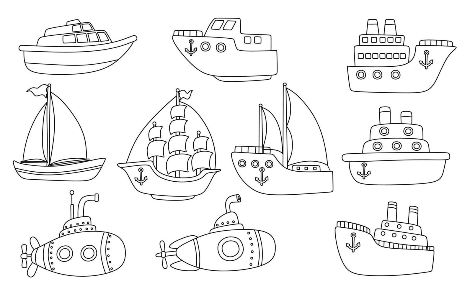 black line doodle set of cute ship. vector