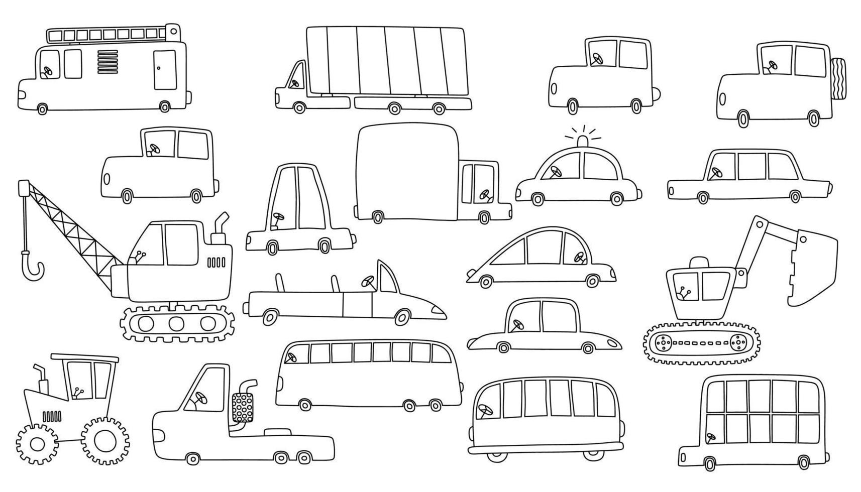 black line doodle set of cute transportation. vector