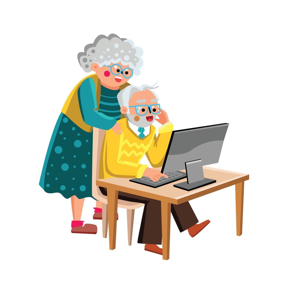 Grandma And Grandpa Working On Computer Vector