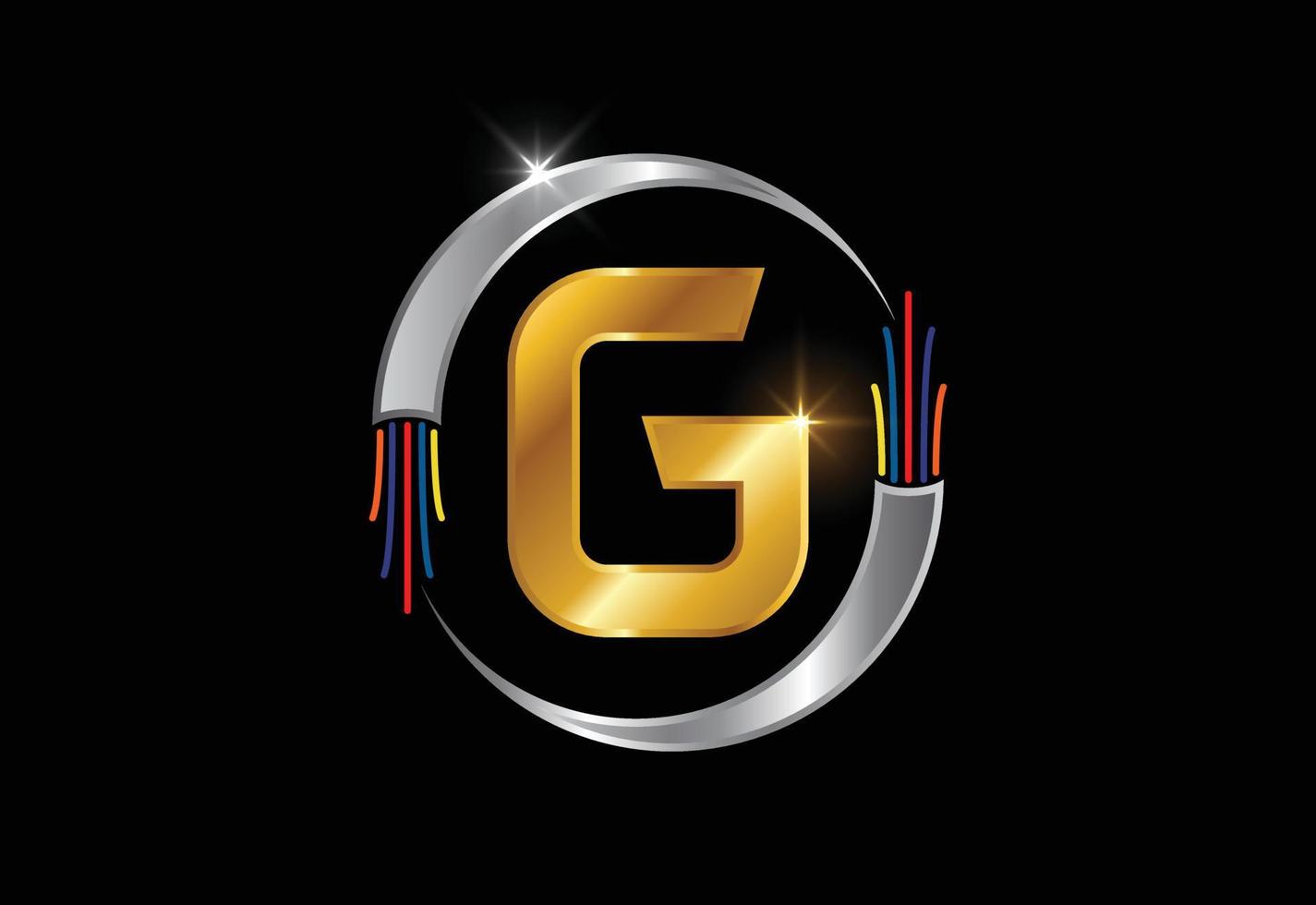Initial G monogram letter alphabet with electric wire, optical fiber cable. Font emblem. vector
