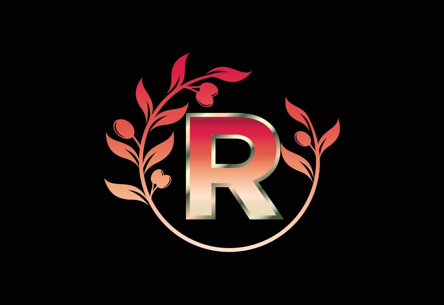 símbolo inicial de la letra r con corona de rama de olivo, marco floral redondo hecho por la rama de olivo vector