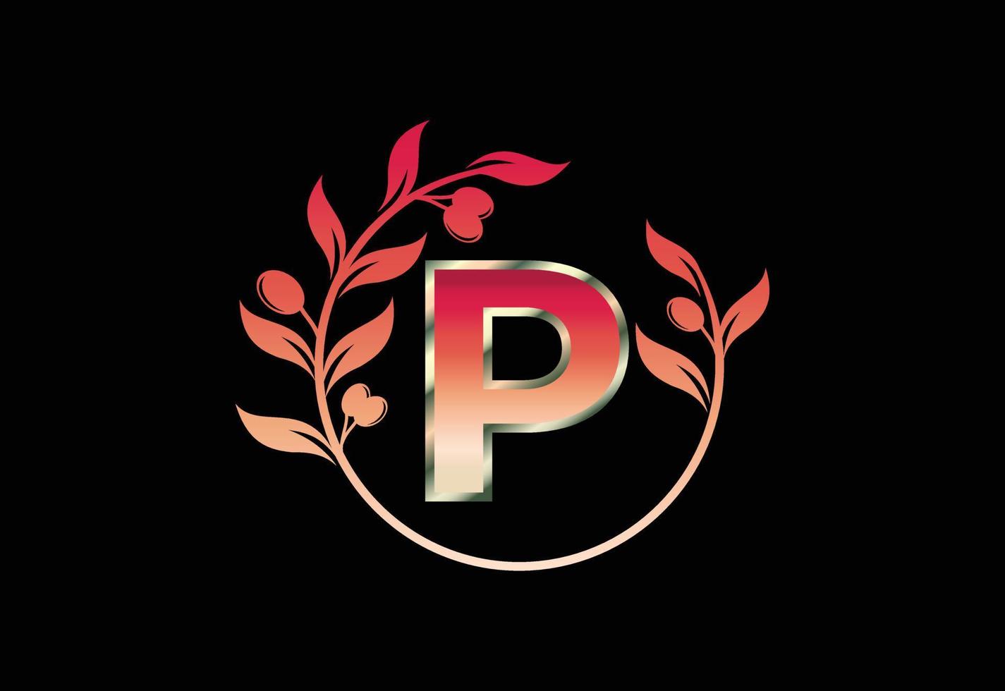 Initial letter P sign symbol with olive branch wreath, Round floral frame made by the olive branch vector