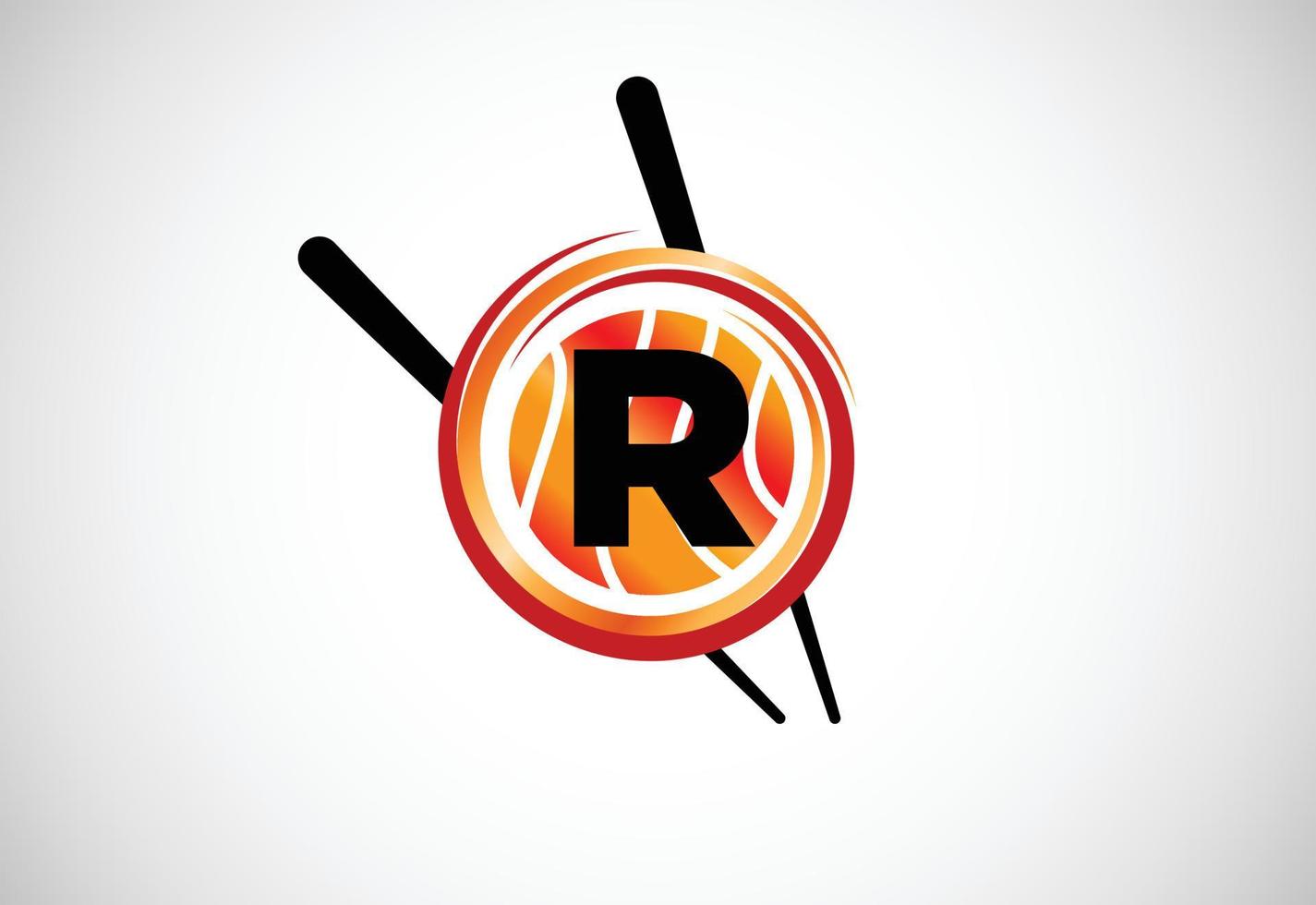 Initial R monogram alphabet in the circle with Chopstick. Asian sushi bar emblem. Logo for sushi vector