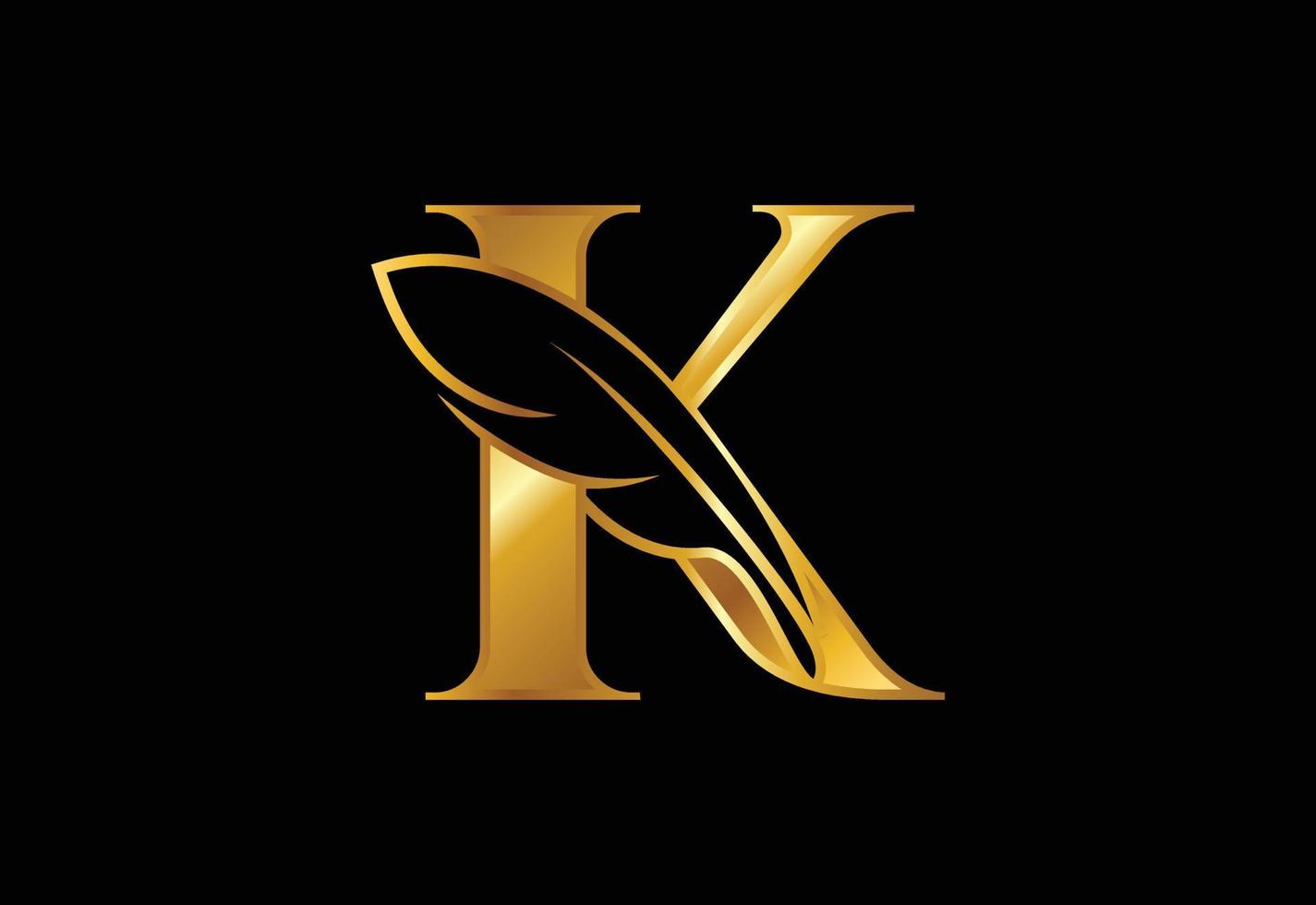 alfabeto k inicial con una pluma. símbolo de signo de icono de bufete de abogados. logotipo para un escritor o editores vector